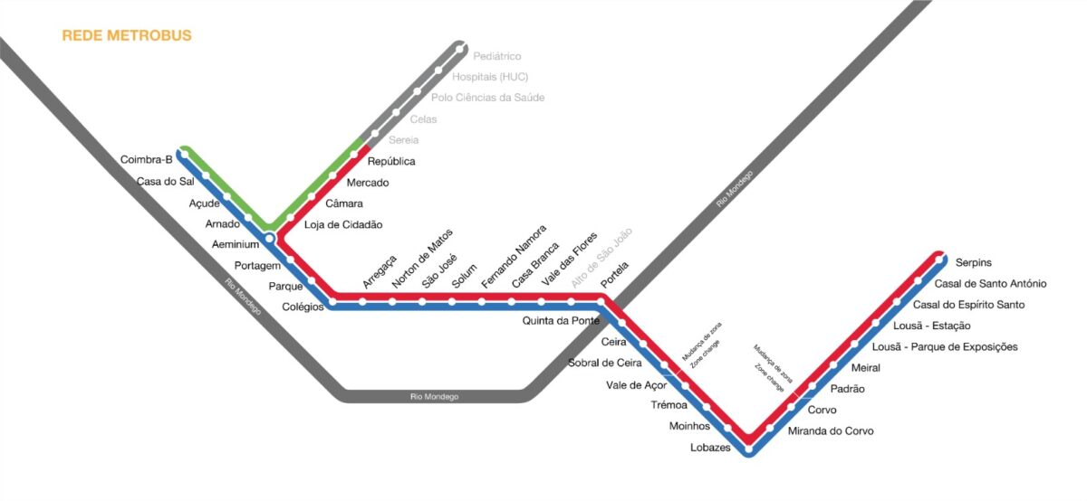 MetroBus di Coimbra - Mappa delle stazioni
